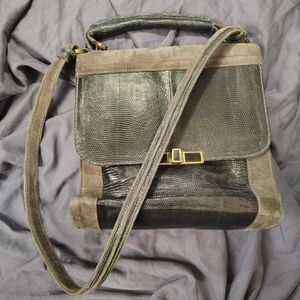 R&Y Augousti Taupe and Gray Textured Satchel with Gold Hardware